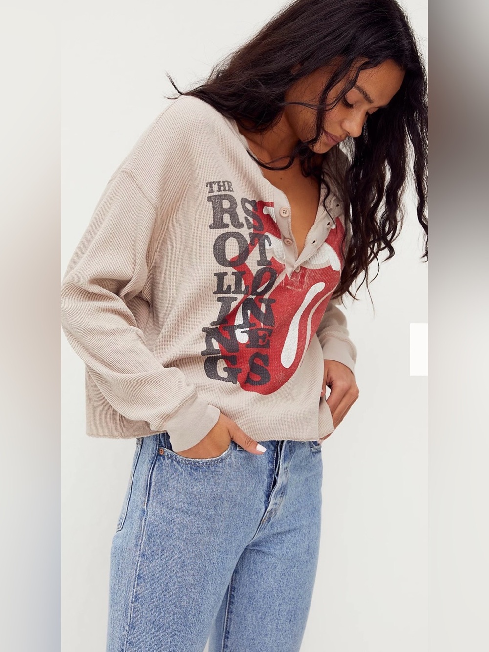 Daydreamer Beige Waffle Henley with Red Graphic Tongue